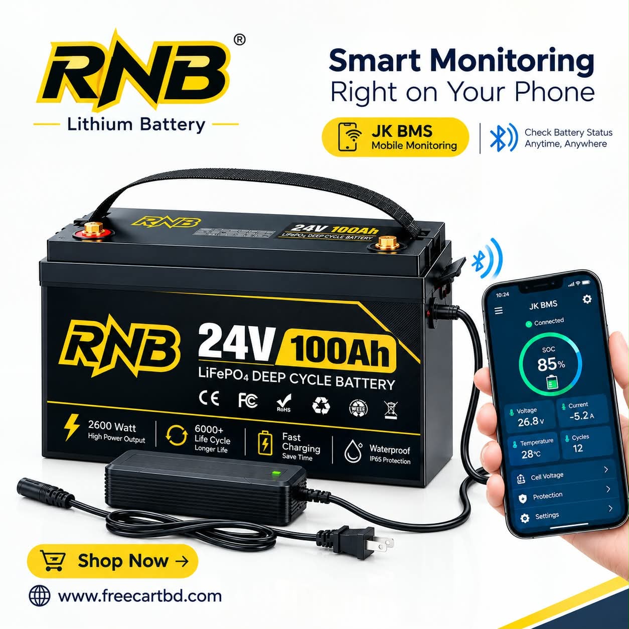 RNB 24V 100Ah LiFePO4 Deep Cycle Battery with JK SMART BMS With Active Balancer.